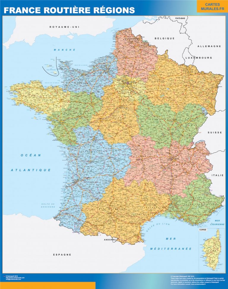 Mapa de Francia regional con carreteras plastificado